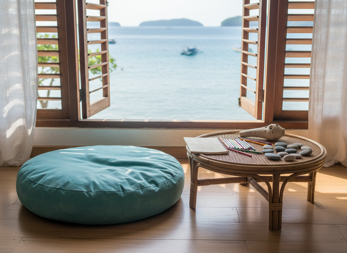 A cozy corner of an ocean-side creative wellness studio in Dauis, Bohol, rendered in detailed photographic style. A large floor cushion in sun-faded teal rests on smooth, pale wooden flooring beside a low, rustic rattan table. On the table lie colored pencils, a half-filled journal, a simple clay ocarina, and smooth beach stones arranged in a loose spiral. Through open slatted windows, a glimpse of blue sea and distant boats appears, slightly out of focus. Soft afternoon light filters through thin cotton curtains, creating dappled patterns on the floor and cushions. Shot from a slightly elevated angle with a calm, balanced composition, the image feels intimate, playful, and non-judgmental, inviting adults to sit, breathe, scribble, and explore without pressure.