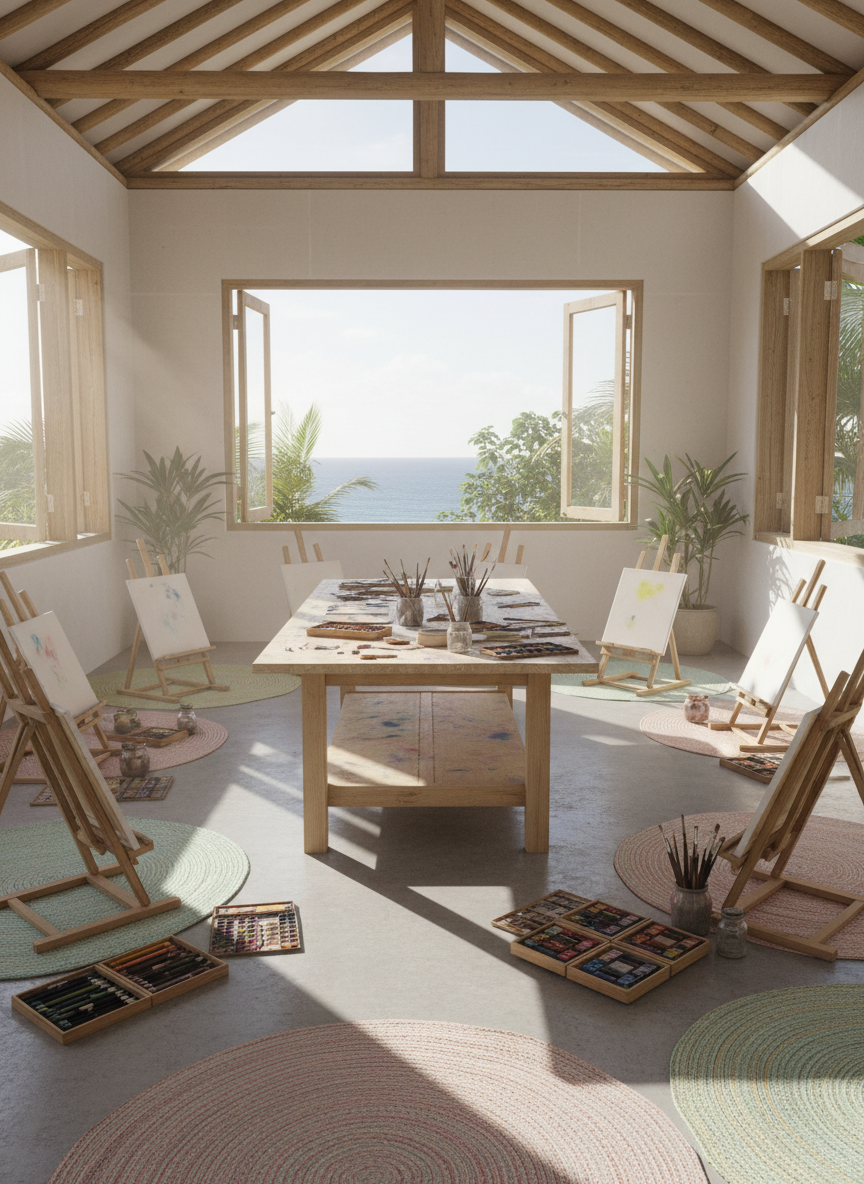 An airy multi-purpose workshop room inside an ocean-side creative sanctuary, captured in bright photographic realism. The space features whitewashed walls, exposed bamboo beams, and polished concrete floors softened by woven mats in playful pastel tones. Several low easels stand ready, each holding blank canvases flecked with previous color, alongside open cases of oil pastels, watercolors, and brushes in jars. Large open windows reveal lush tropical greenery and a sliver of sparkling sea, rendered in gentle blur. Morning sunlight streams diagonally across the room, creating long, soft-edged shadows and highlighting pigment dust on a central worktable. Framed with a wide, symmetrical composition and sharp depth of field, the mood is spacious, inclusive, and quietly energizing, emphasizing a sense of open, non-gatekept creative exploration.