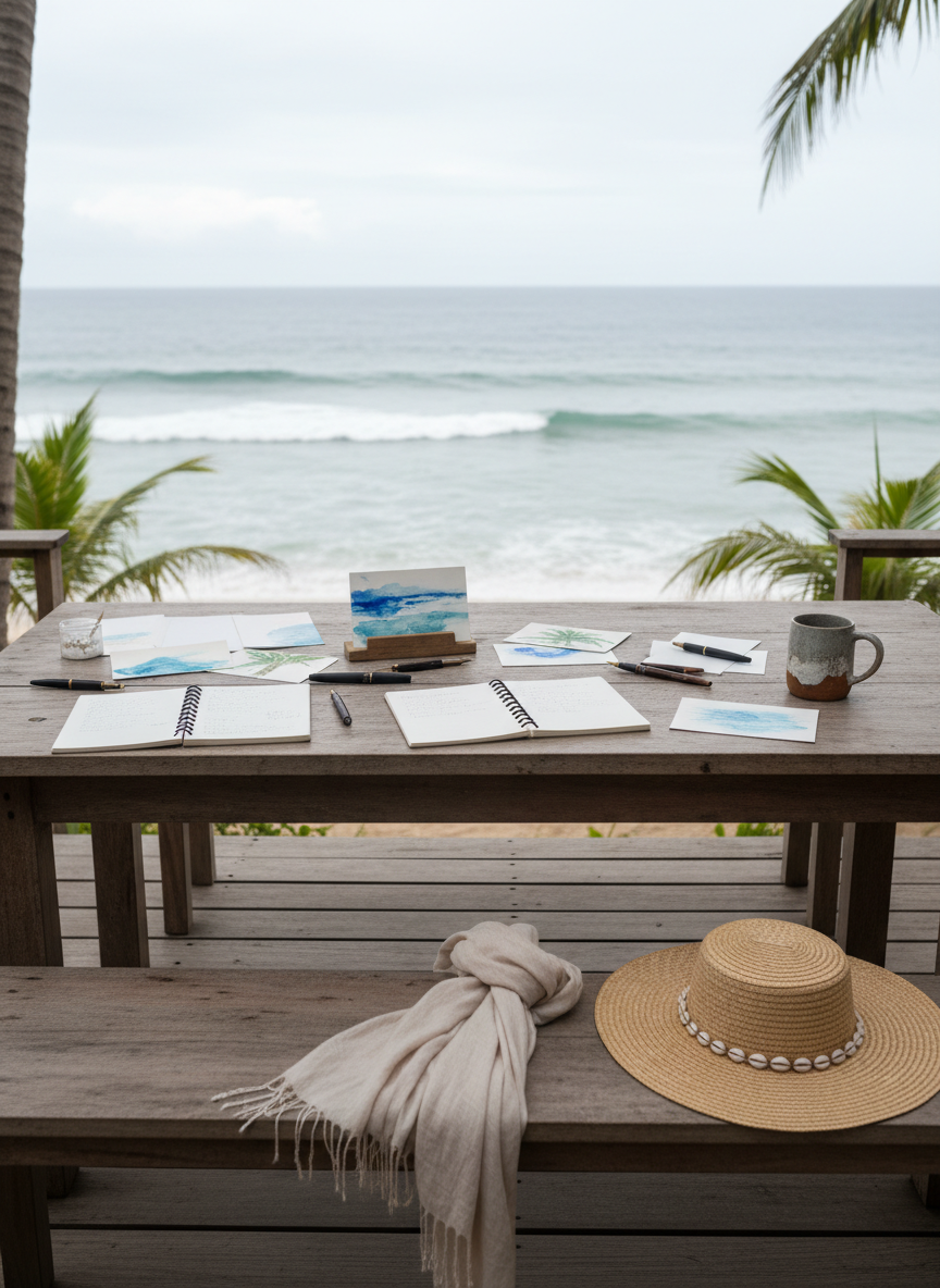 An outdoor beachfront writing and reflection deck at an ocean-side creative wellness space in Dauis, Bohol, depicted in lifelike photographic detail. A sturdy wooden table faces the open sea, its surface scattered with open notebooks, ink pens, watercolor postcards, and a simple ceramic mug with a faint salt-stain ring. A light linen scarf and a straw hat rest casually on the bench, suggesting unhurried presence without showing any person. Soft overcast daylight creates gentle, even illumination, reducing harsh contrasts and accentuating the texture of the wood and paper fibers. The camera frames the scene from behind the table at seated eye level, with the horizon placed on the upper third, waves rolling in a slightly softened distance. The mood is spacious, calm, and quietly playful, encouraging free-flow writing and reflection.