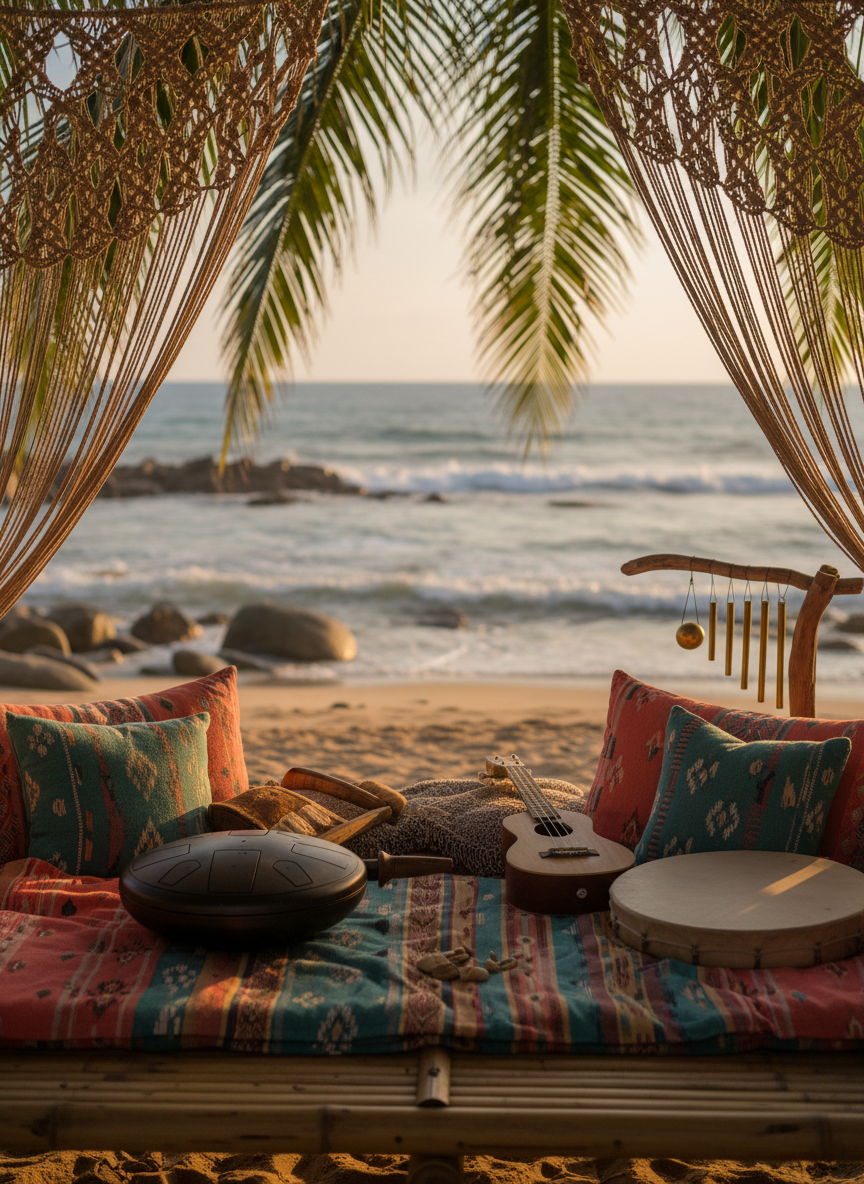 A seaside mindfulness-and-music nook of the Creative Liberation Sanctuary, shown in realistic, high-resolution photography. In the foreground, a low bamboo platform is layered with handwoven blankets and cushions in coral, turquoise, and sand tones. Atop rests a collection of small instruments: a tongue drum with matte metallic sheen, a weathered ukulele, chimes, and a simple frame drum, all catching glints of soft sunset light. The platform opens directly toward the beach, where gentle waves and a rocky Dauis shoreline are visible in soft focus. Warm, diffused golden-hour light filters through hanging macramé and palm fronds, casting lace-like shadows. Shot from a low angle toward the horizon, with the instruments crisp and the background dreamily blurred, the atmosphere is playful yet contemplative, inviting wordless, freeing expression.
