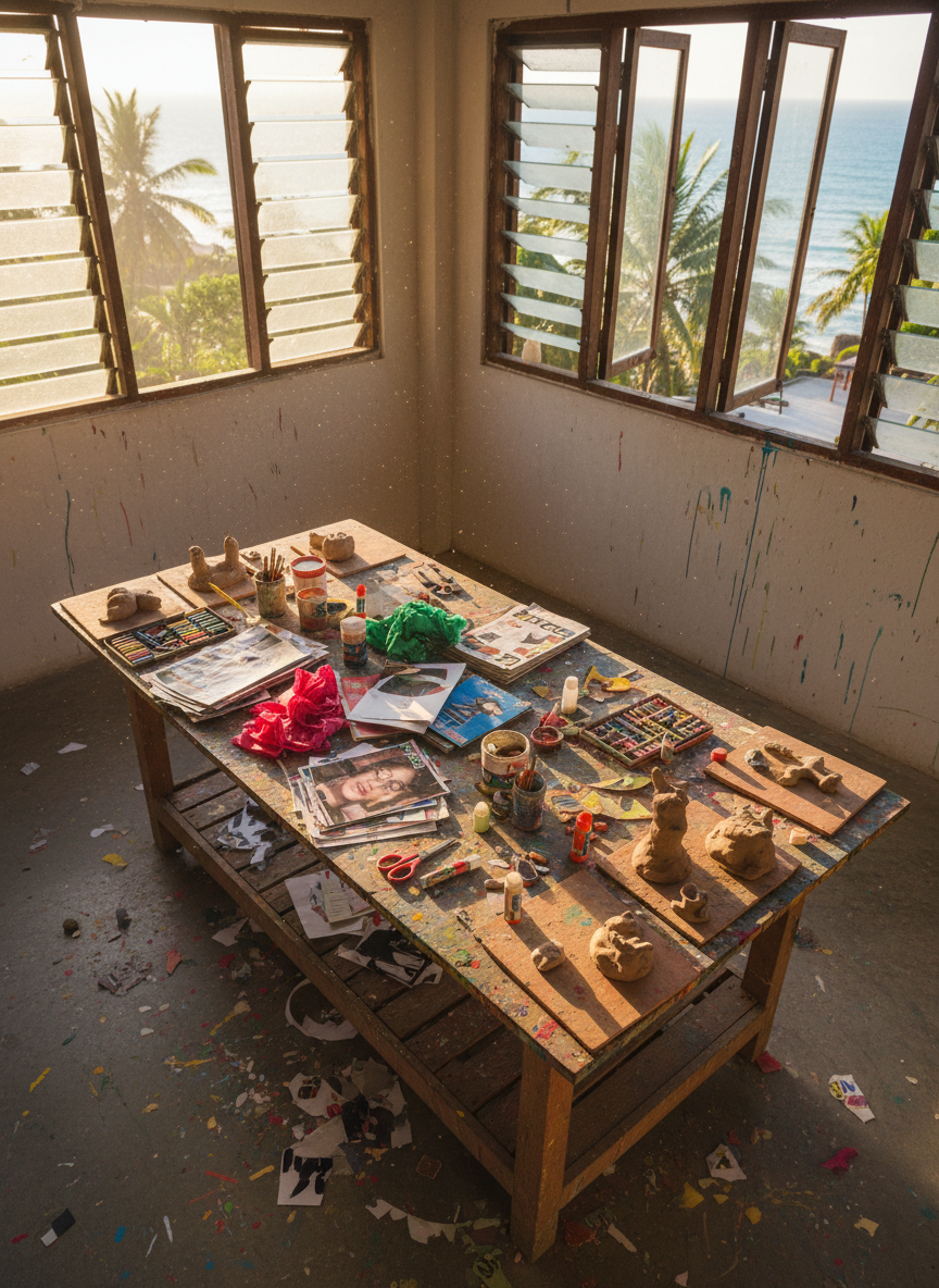 A playful mixed-media exploration zone inside the Creative Liberation Sanctuary, shown in vibrant photographic realism. A central, paint-splattered standing workbench is piled with torn magazine pages, colored tissue, glue sticks, scissors, chalk pastels, and hand-formed clay pieces drying on unglazed tiles. The floor around it shows colorful drips and chalk dust, embraced rather than cleaned, signaling freedom from perfectionism. Large jalousie windows open to glimpses of Dauis palm trees and distant blue water, slightly blurred. Late-morning sunlight enters from the side, illuminating swirling dust motes and creating bright pools of light across the table. Captured from a three-quarter overhead angle, the composition feels dynamic and slightly messy yet harmonious, radiating an atmosphere of experimentation, curiosity, and adult permission to play without rules.